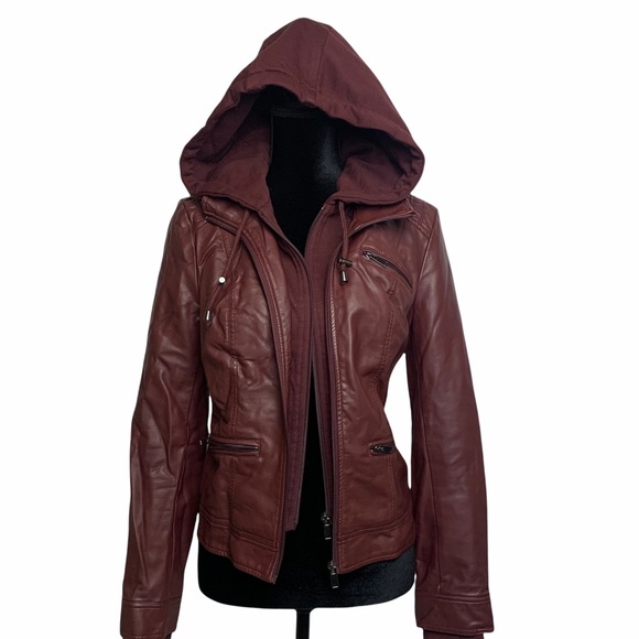 FAUX LEATHER JACKET,BURGUNDY HOODED DOUBLE ZIPPER BIKERCORE STYLE - Picture 2 of 4